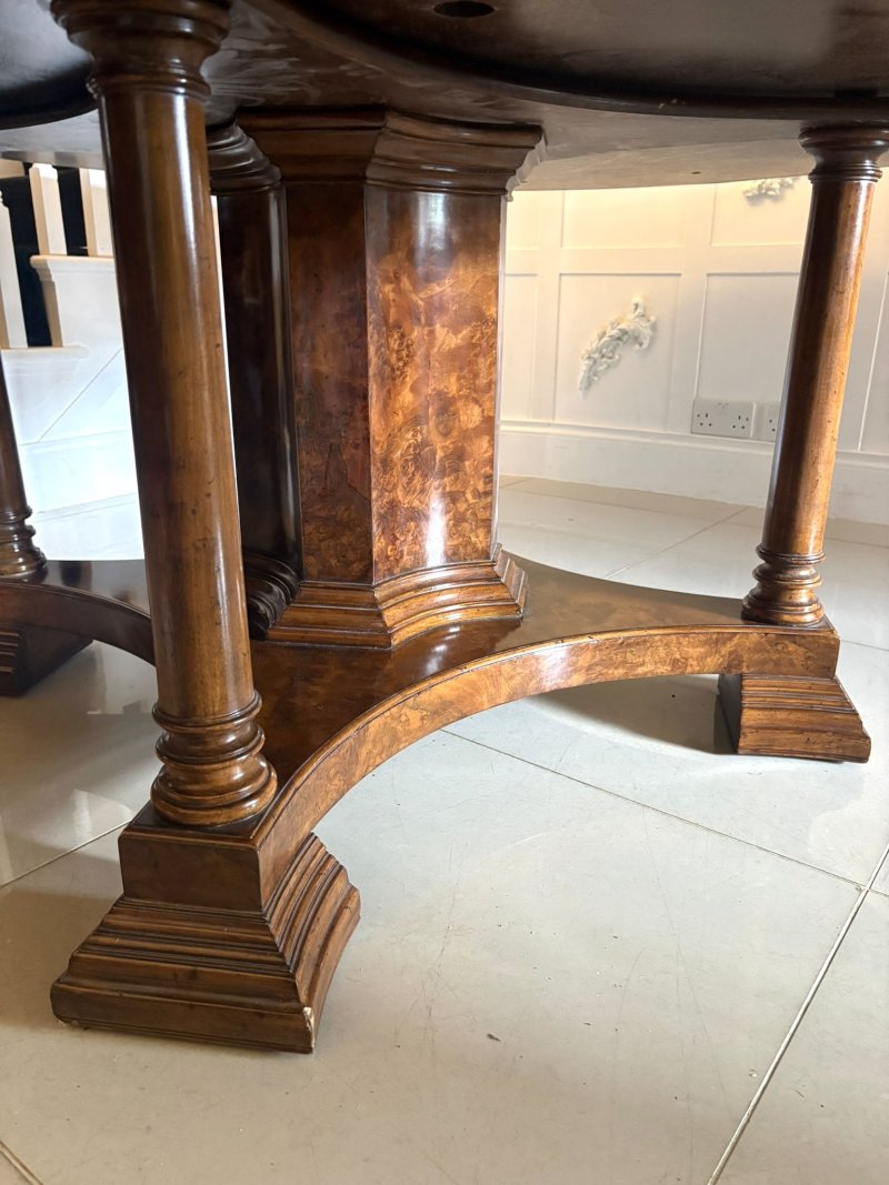 Antique Exceptional Quality Burr Walnut Circular Extending Dining Table Seating 10 with Radial Leaves & Matching Burr Walnut Leaf Holder - Image 33